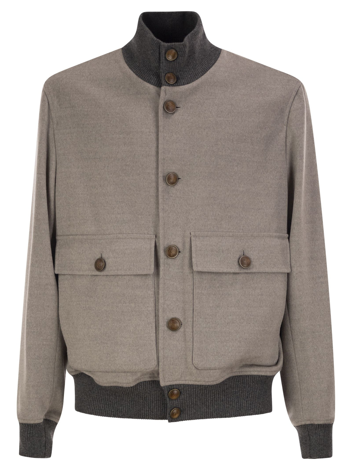 Brunello Cucinelli Men Virgin Wool Bomber Jacket With Cashmere Knit Details