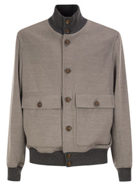 Brunello Cucinelli Men Virgin Wool Bomber Jacket With Cashmere Knit Details