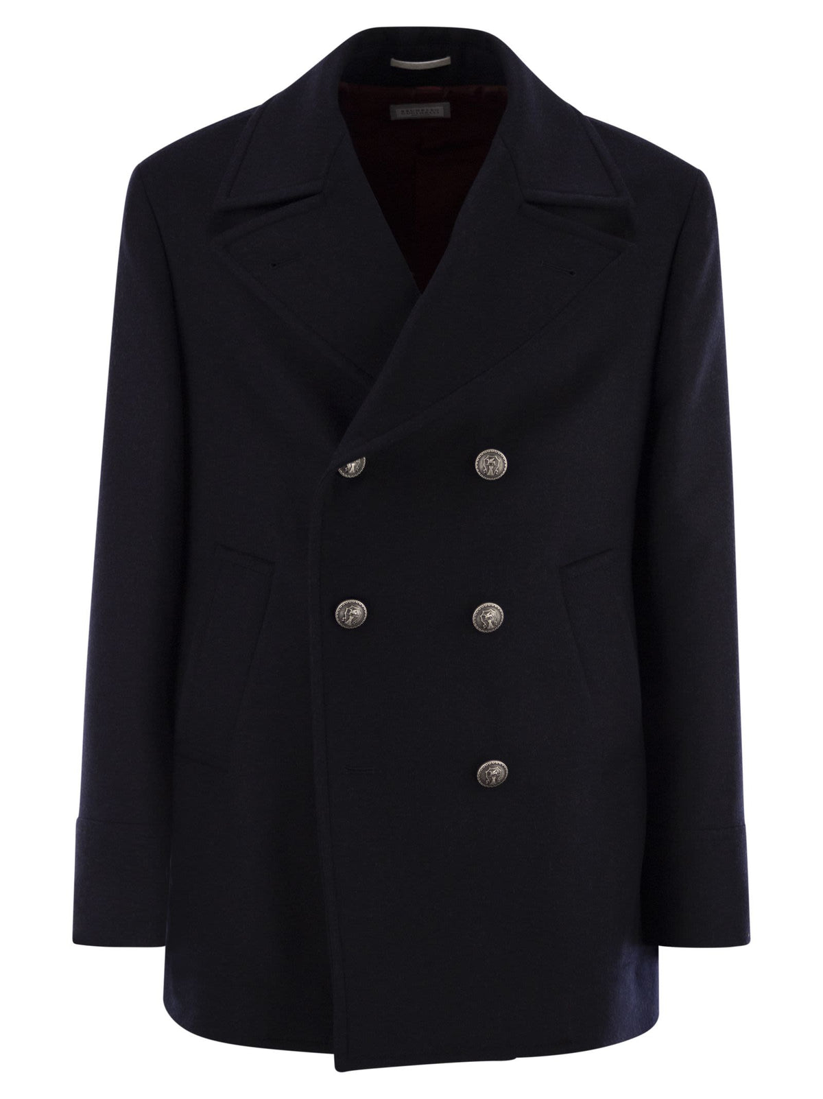 Brunello Cucinelli Men Double Wool Flannel Pea Coat With Metal Buttons