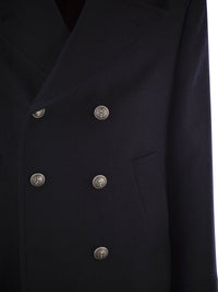 Brunello Cucinelli Men Double Wool Flannel Pea Coat With Metal Buttons