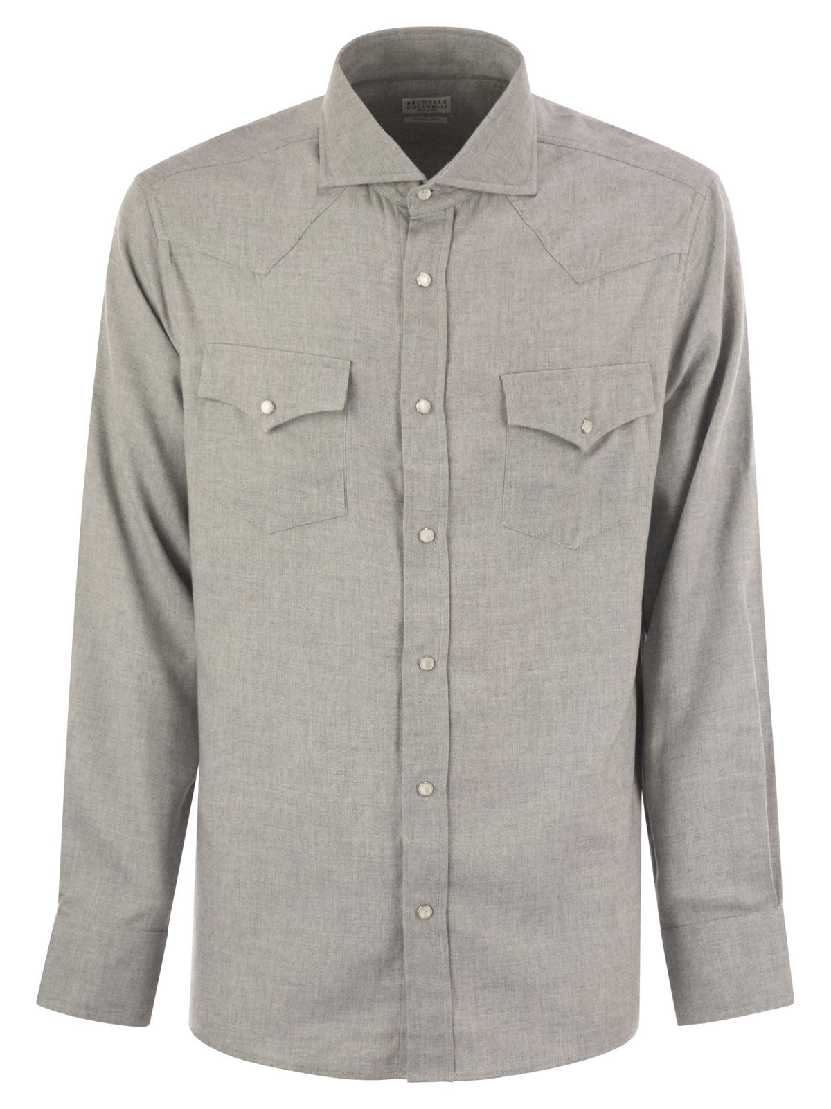Brunello Cucinelli Men Stretch Cotton Chevron Flannel Easy Fit Shirt With Snap Buttons, Epaulettes And Pockets