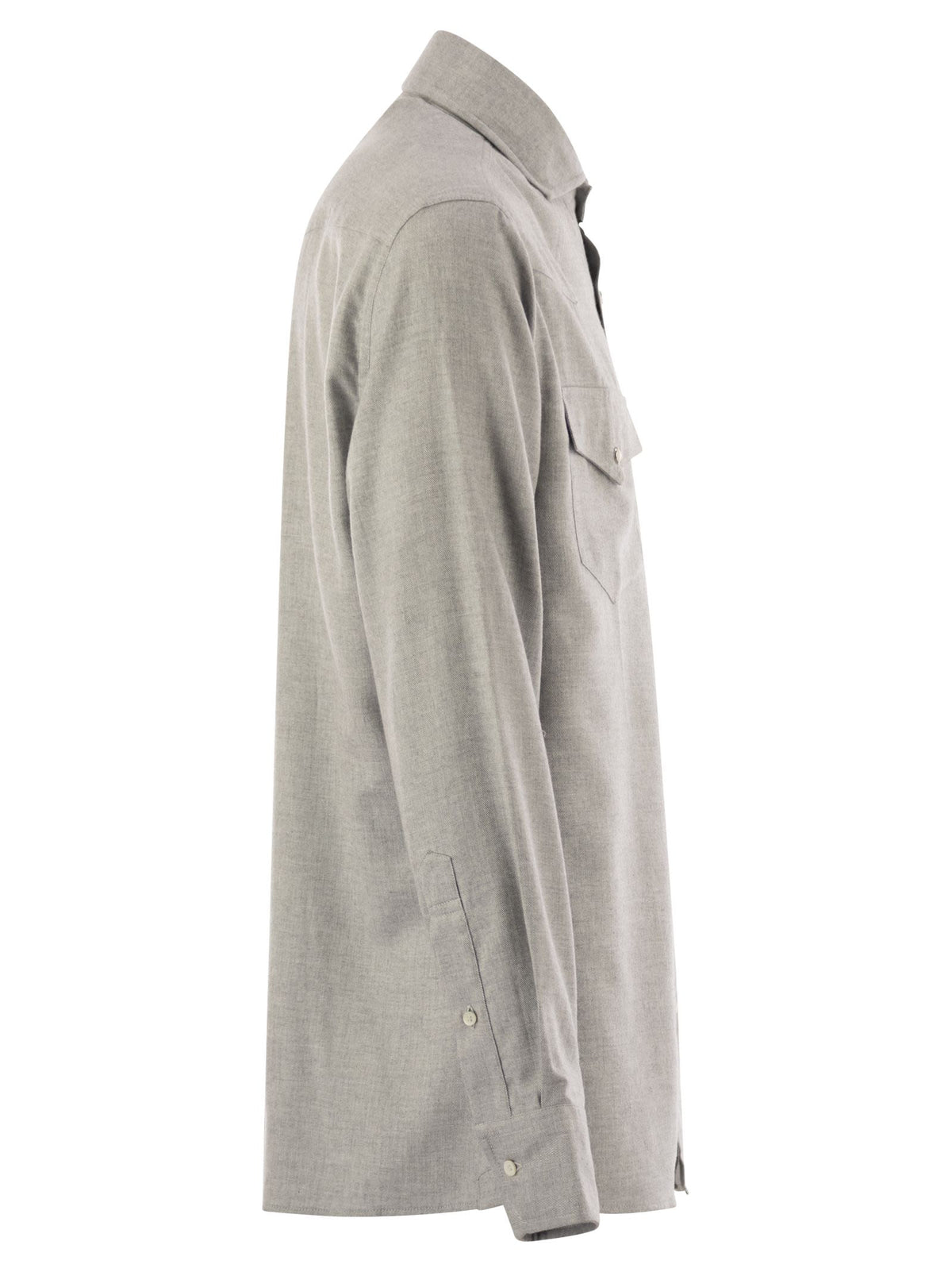Brunello Cucinelli Men Stretch Cotton Chevron Flannel Easy Fit Shirt With Snap Buttons, Epaulettes And Pockets