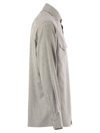 Brunello Cucinelli Men Stretch Cotton Chevron Flannel Easy Fit Shirt With Snap Buttons, Epaulettes And Pockets