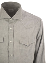 Brunello Cucinelli Men Stretch Cotton Chevron Flannel Easy Fit Shirt With Snap Buttons, Epaulettes And Pockets