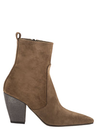 Brunello Cucinelli Women Suede Ankle Boots With Jewelled Heel