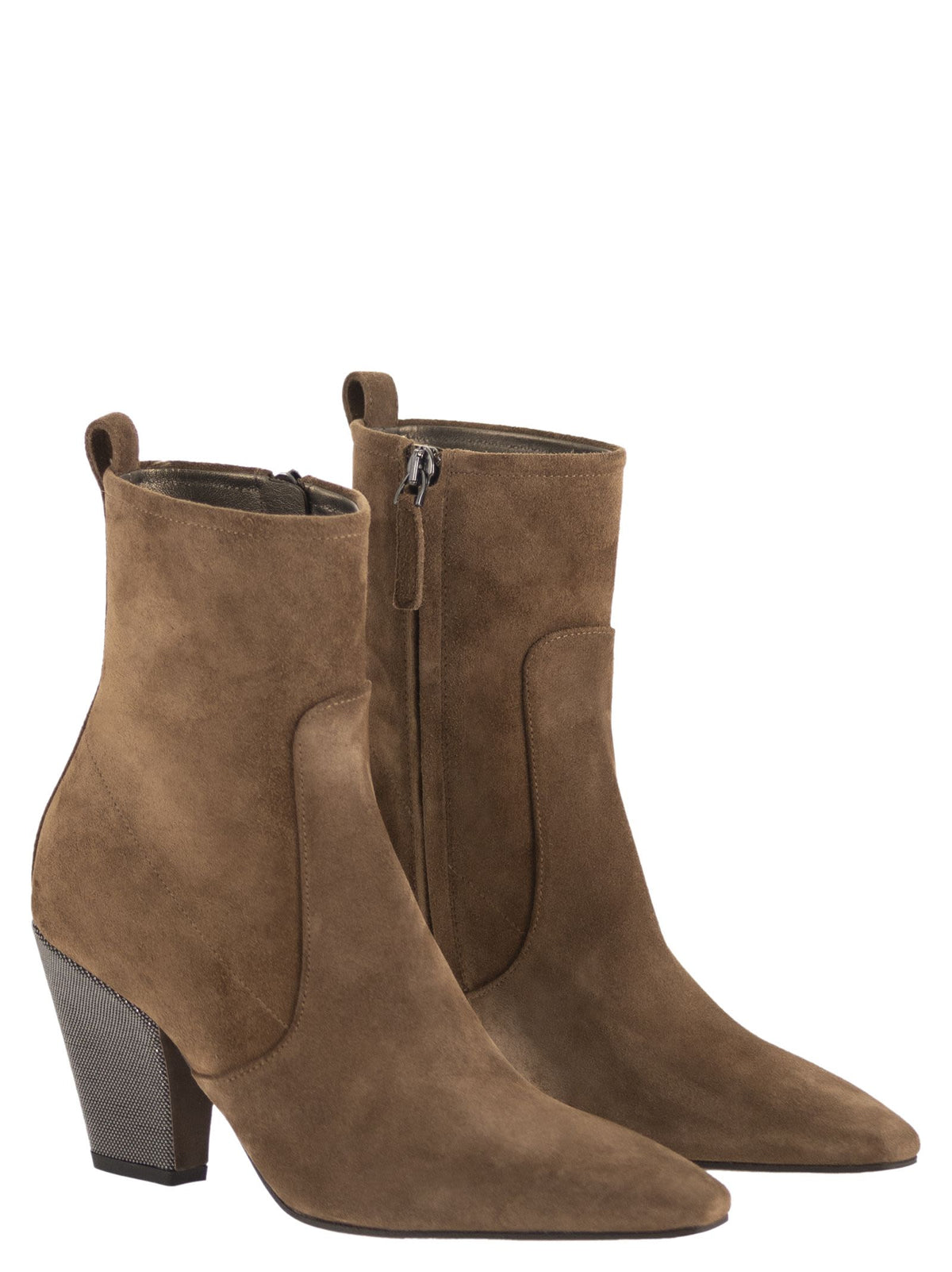 Brunello Cucinelli Women Suede Ankle Boots With Jewelled Heel