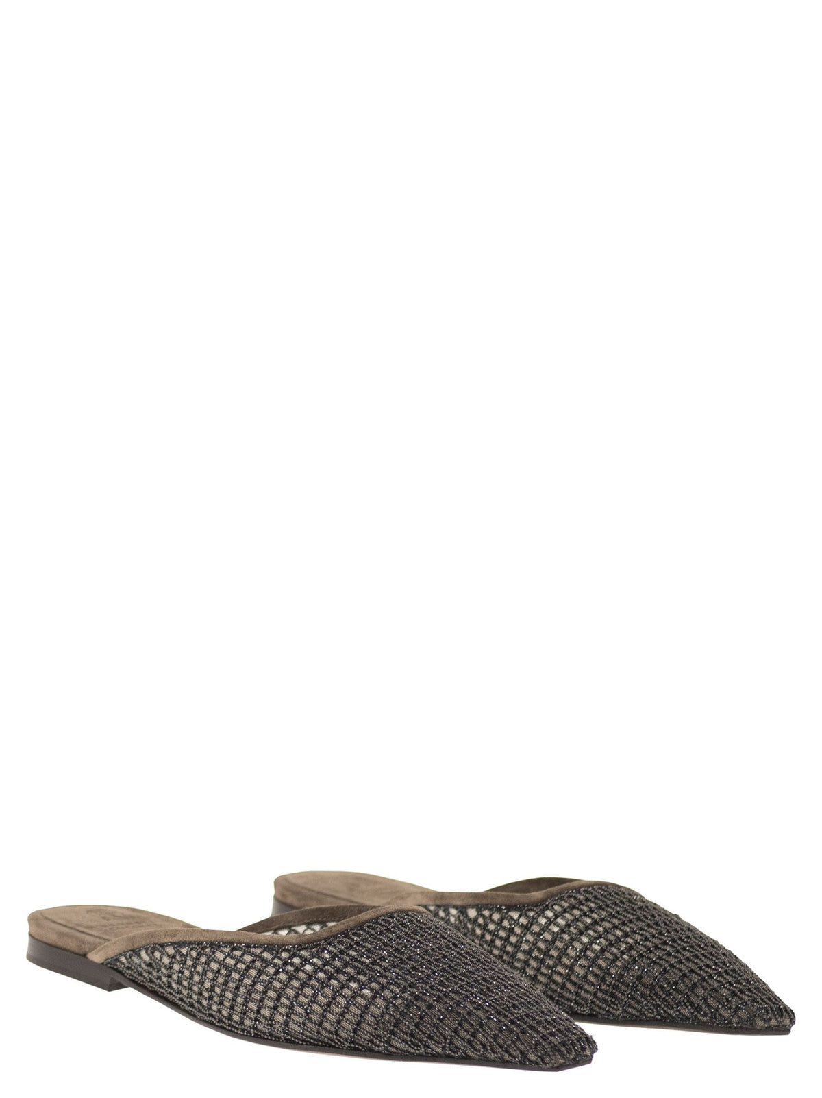 Brunello Cucinelli Women Suede Mules With Precious Net Embroidery