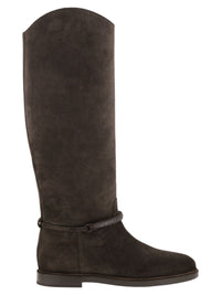 Brunello Cucinelli Women Suede Leather Knee-High Boots With Monili Detail