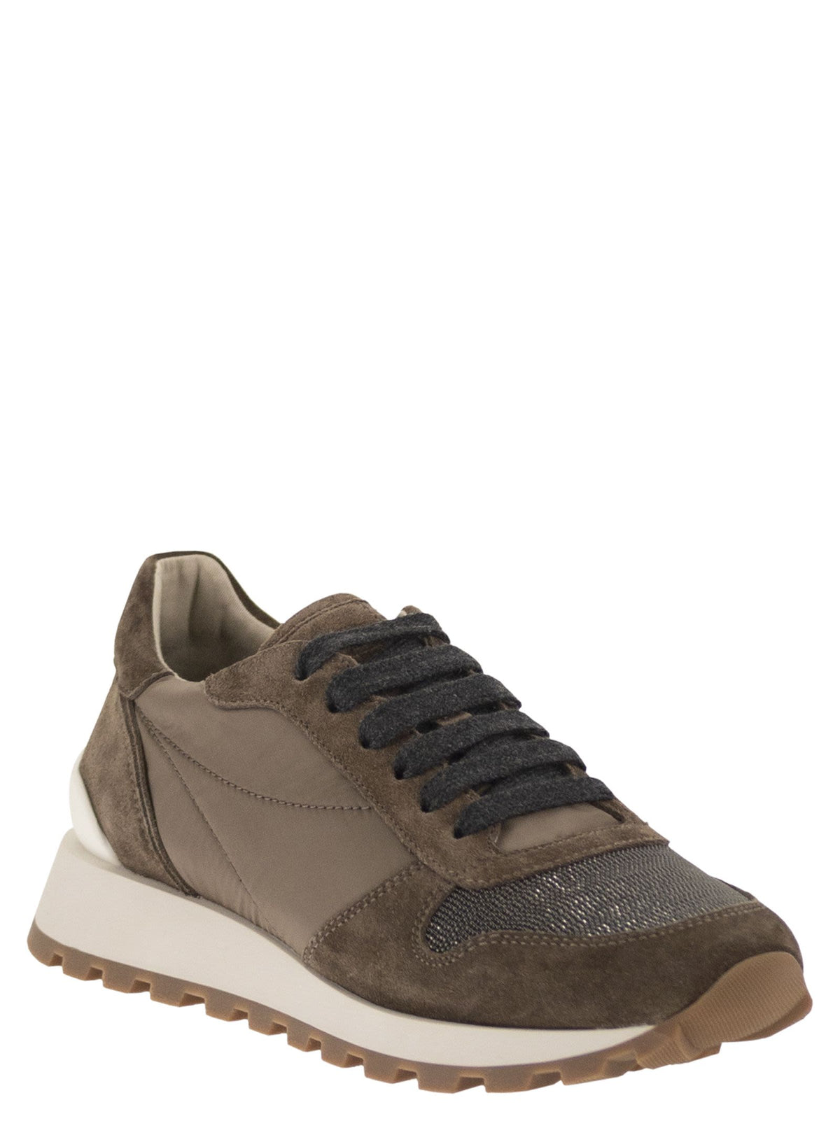Brunello Cucinelli Women Suede And Techno Fabric Runners With Precious Toe