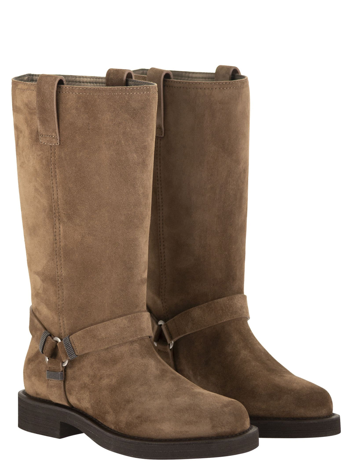 Brunello Cucinelli Women Suede Boots With Harness Strap And Ring Detail