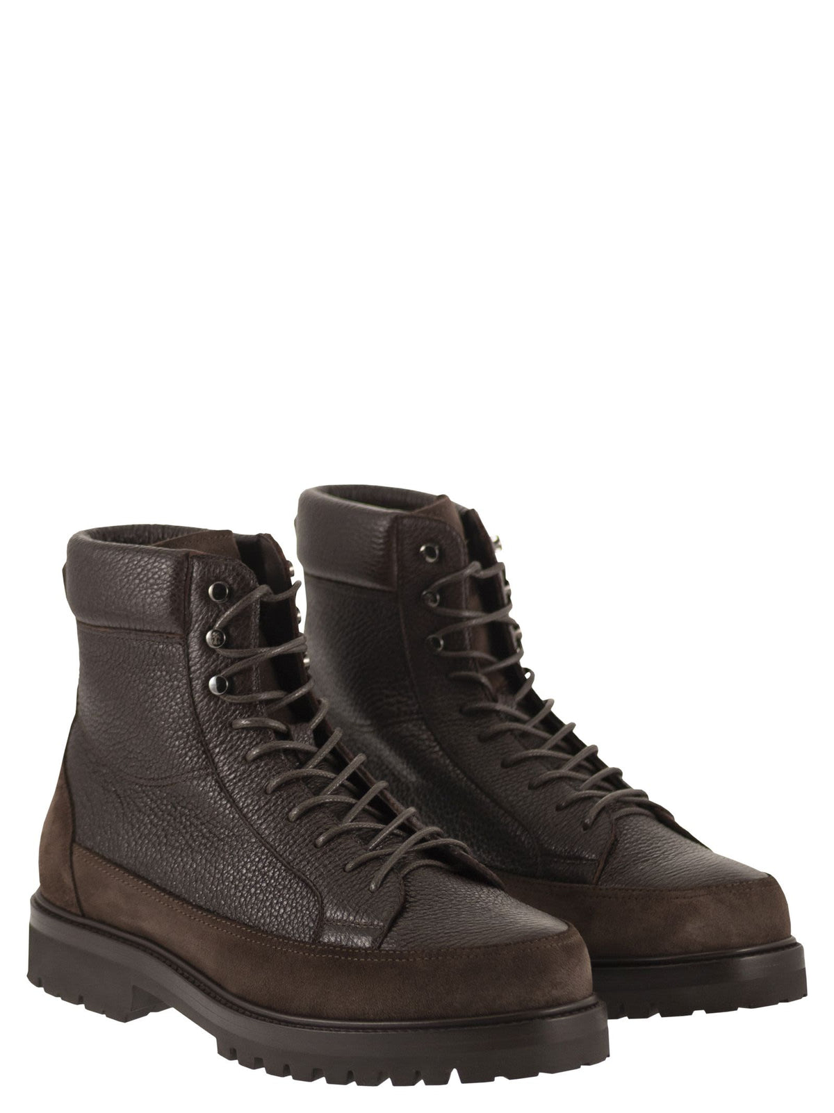 Brunello Cucinelli Men Grained Leather And Suede Lace-Up Boots
