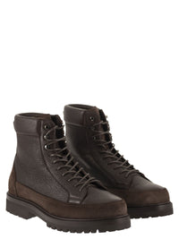 Brunello Cucinelli Men Grained Leather And Suede Lace-Up Boots