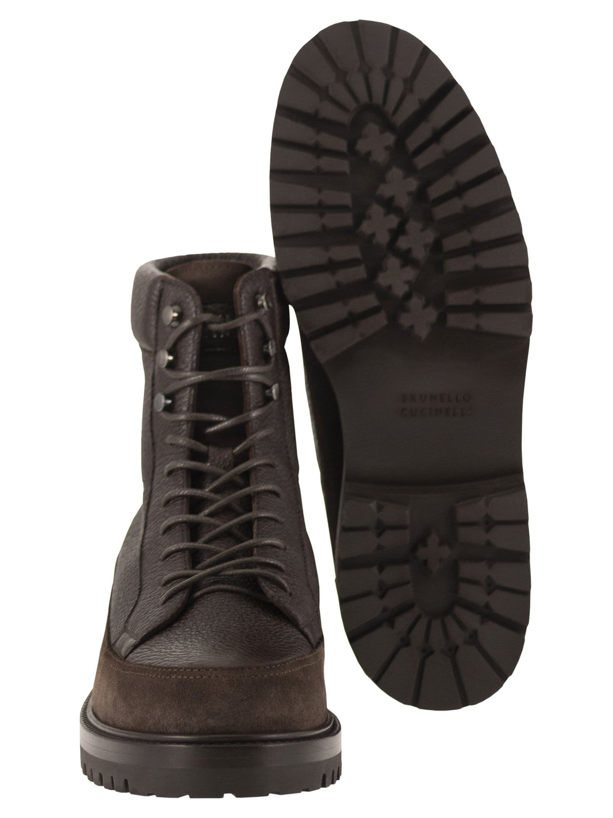Brunello Cucinelli Men Grained Leather And Suede Lace-Up Boots