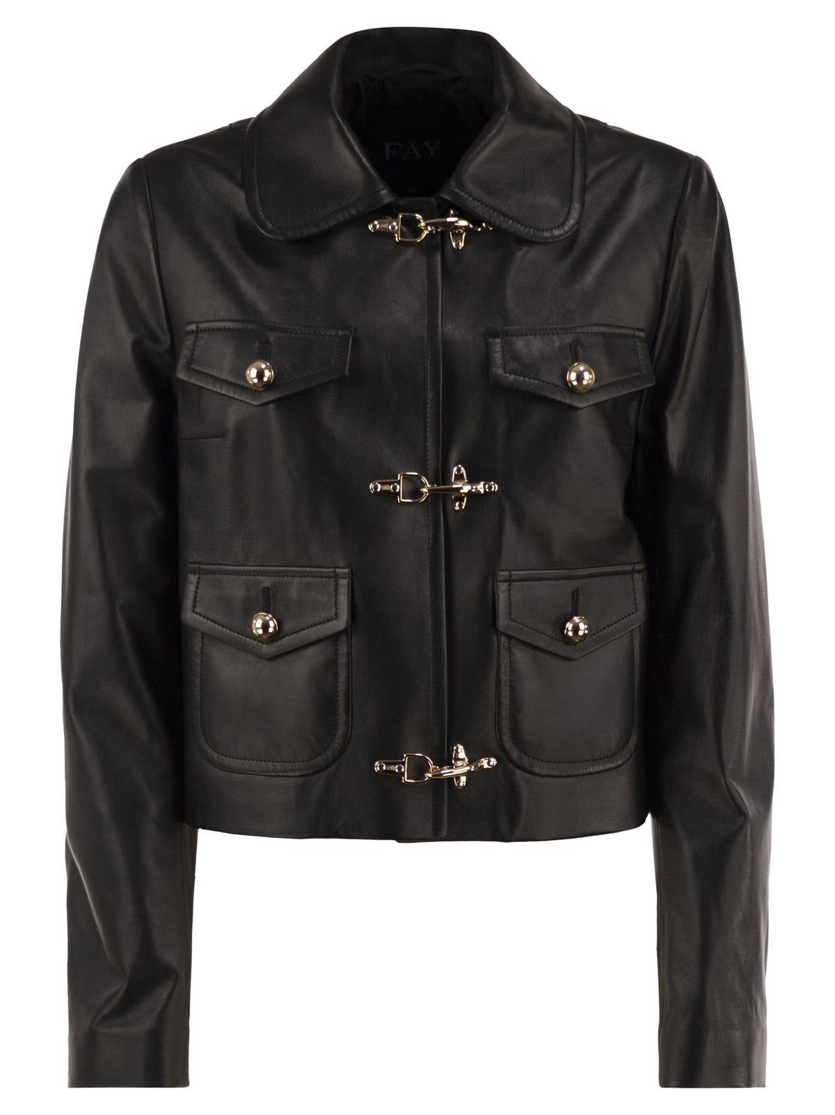 Fay Women Cropped Genuine Leather Jacket With Hooks