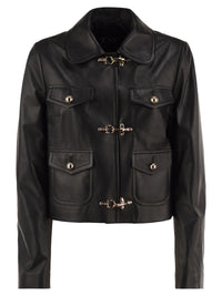 Fay Women Cropped Genuine Leather Jacket With Hooks