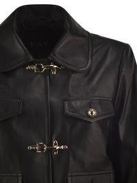 Fay Women Cropped Genuine Leather Jacket With Hooks
