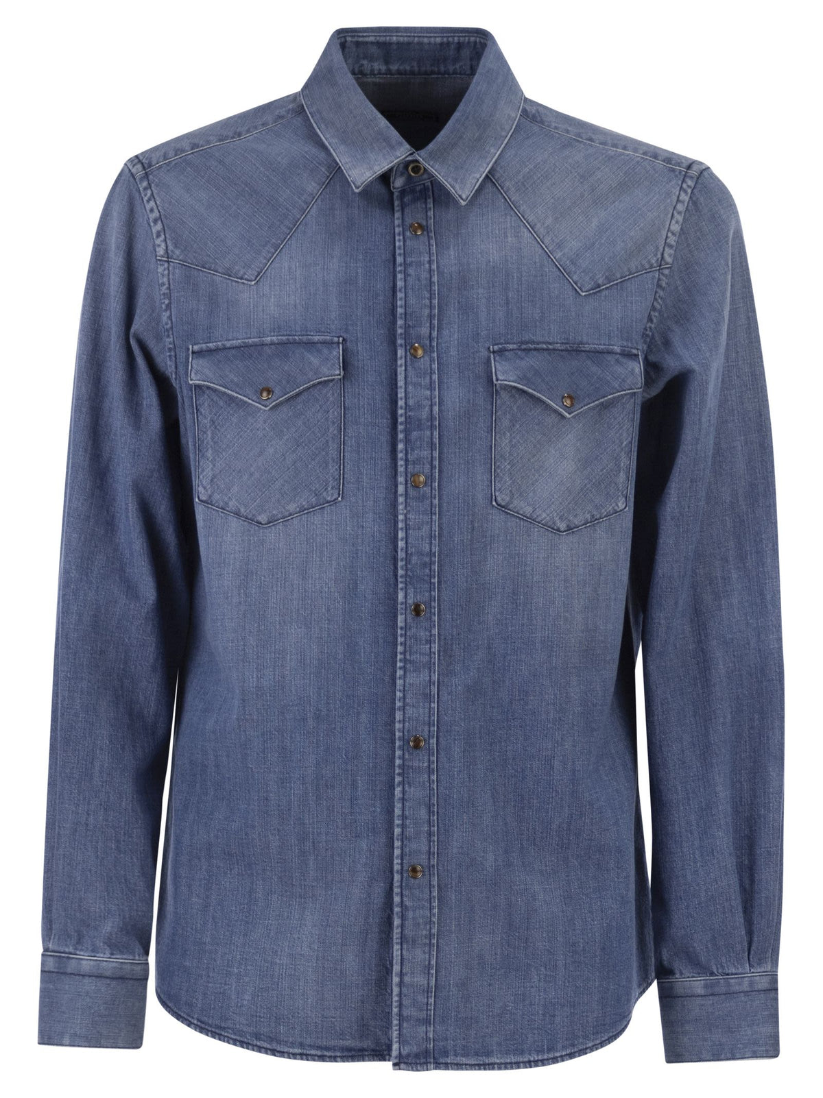 Peserico Men Lightweight Cotton Denim Shirt With Patch Pockets