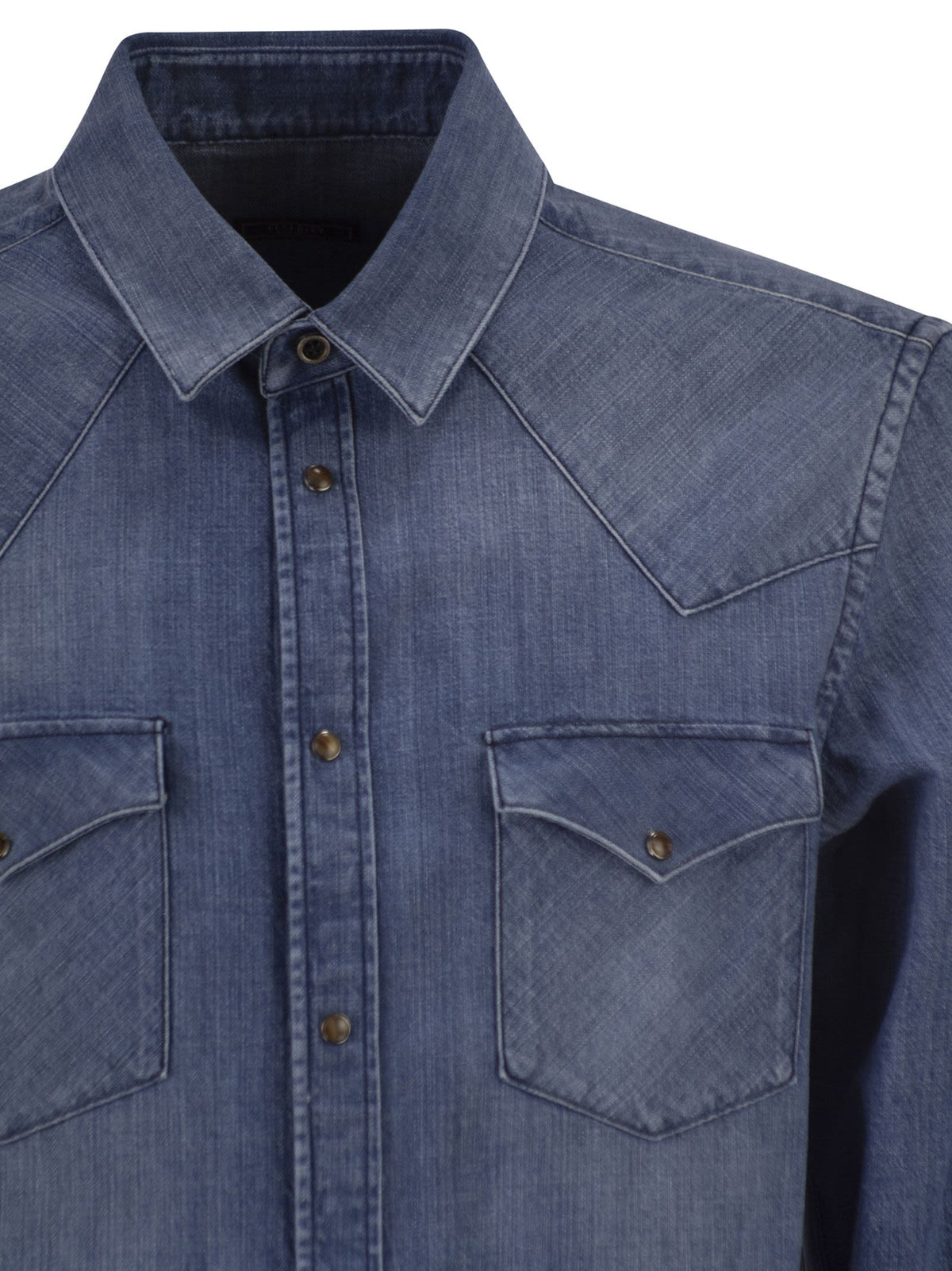 Peserico Men Lightweight Cotton Denim Shirt With Patch Pockets
