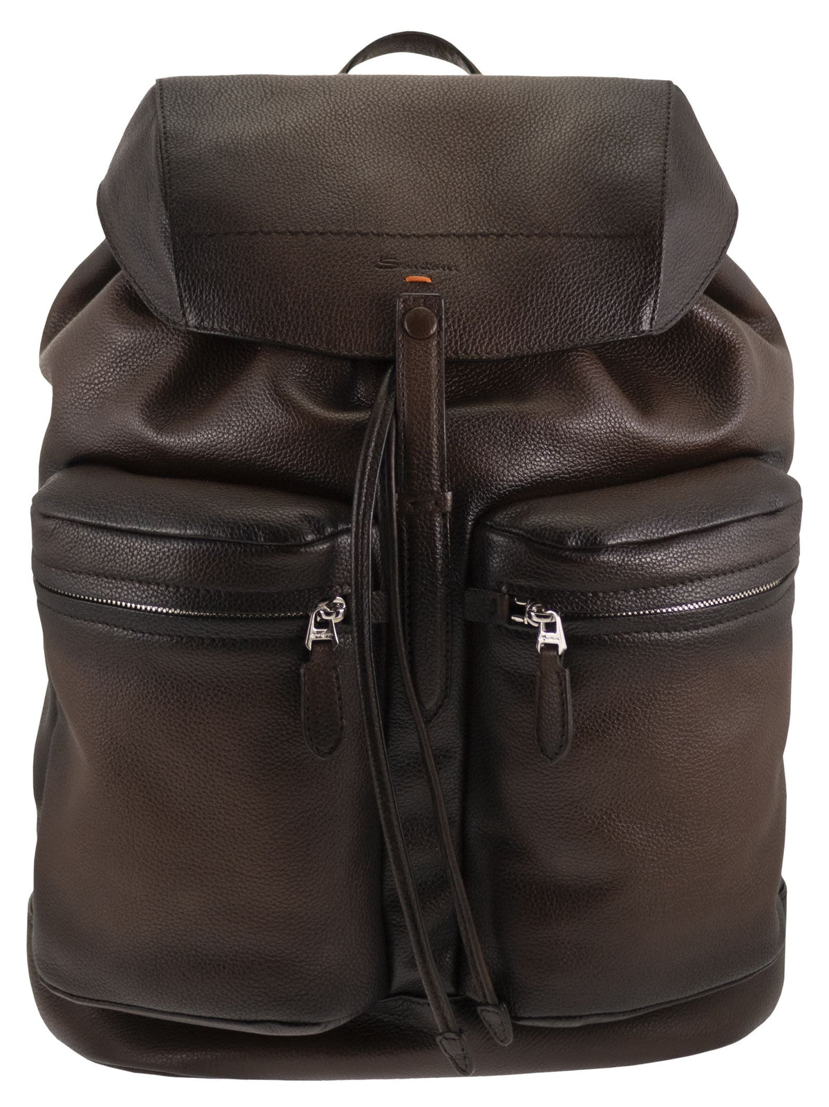 Santoni Men Grained Leather Backpack With Front Pockets