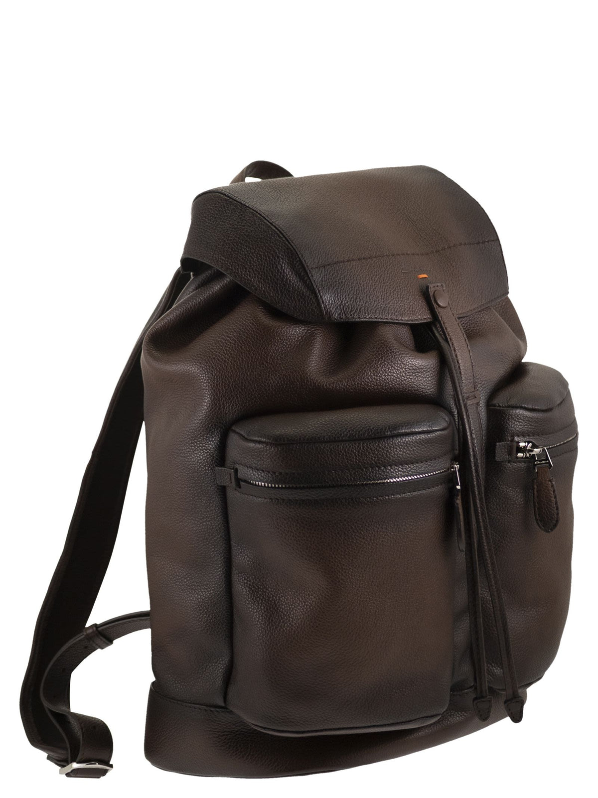 Santoni Men Grained Leather Backpack With Front Pockets