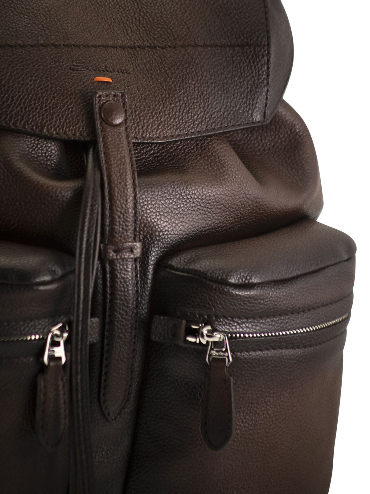 Santoni Men Grained Leather Backpack With Front Pockets