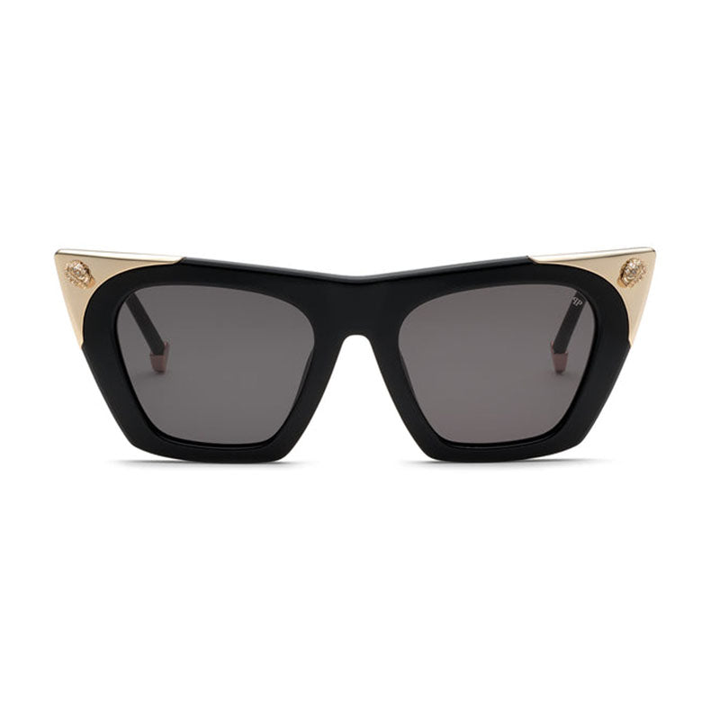 Philipp Plein Sunglasses Cat Eye Full Rim, Shiny Black/Gold Frame and Smoke Lens SPP134S0700