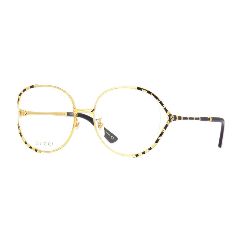 Gucci Eyeglasses Round Full Rim, Gold/Black Frame and Clear Demo Lenses Lens GG0596OA001