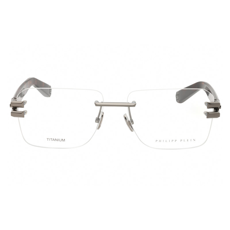 Philipp Plein Eyeglasses Rectangle Rimless, Shiny Gunmetal Frame and Clear Demo Lenses Lens VPP086M0568