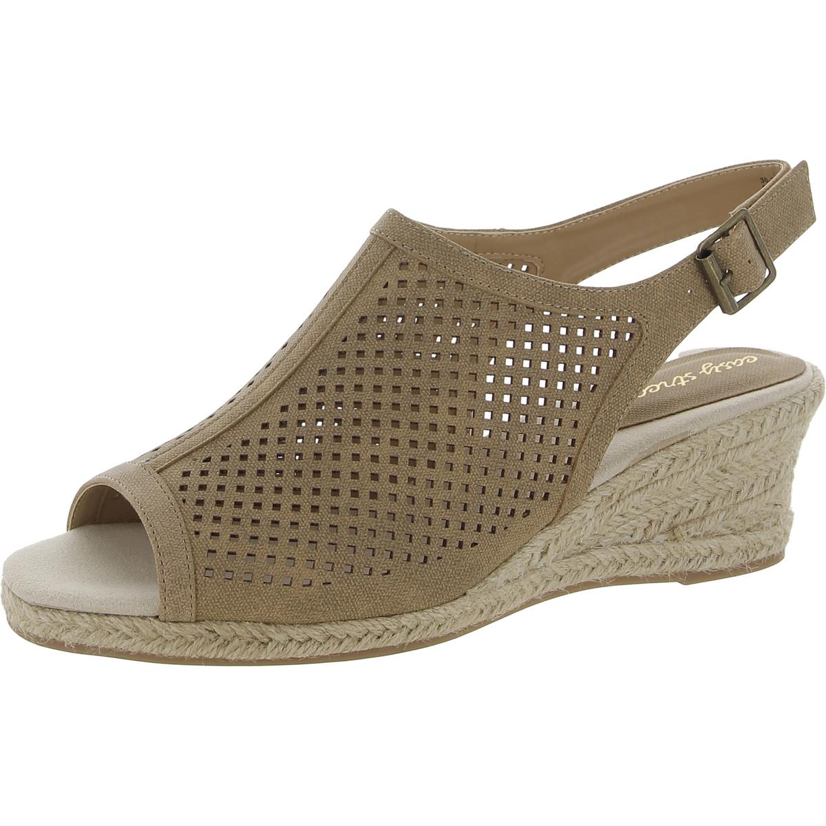 Stacy Womens Faux Leather Peep-Toe Wedge Sandals Tan Linen