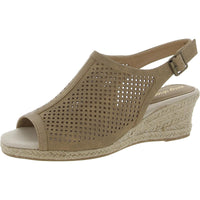 Stacy Womens Faux Leather Peep-Toe Wedge Sandals Tan Linen
