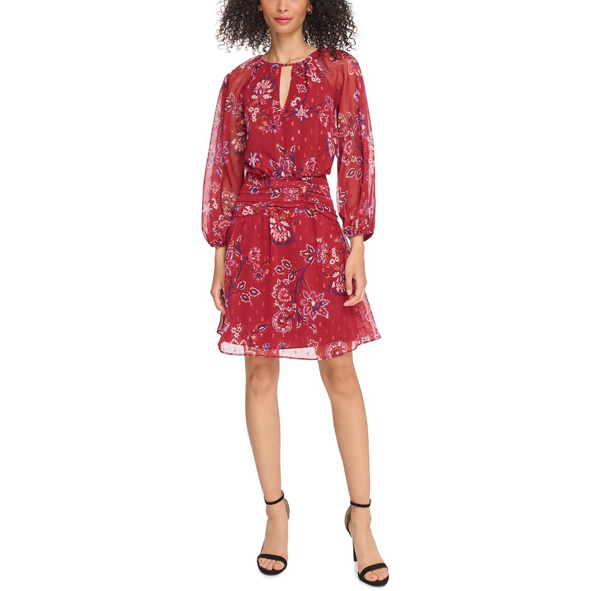 Petites Womens Mini Keyhole Neckline Fit & Flare Dress