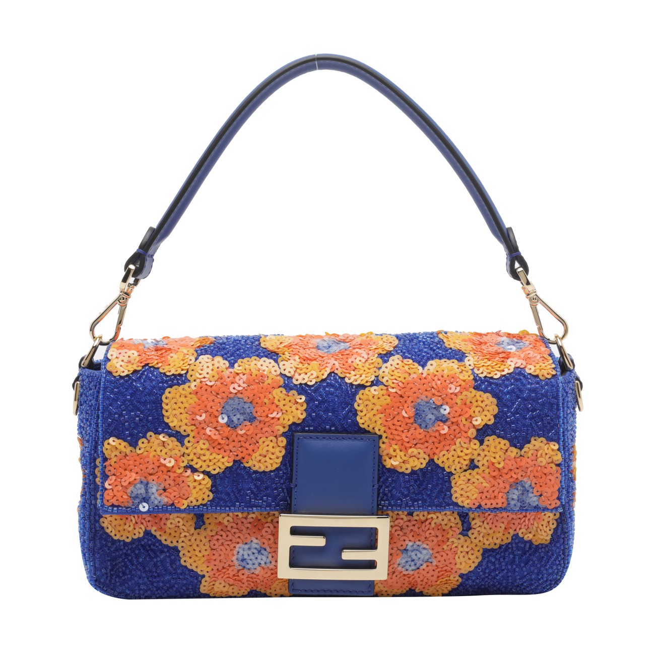 Fendi Women Baguette Shoulder Bag With Floreal Beaded Embroidery And Sequines