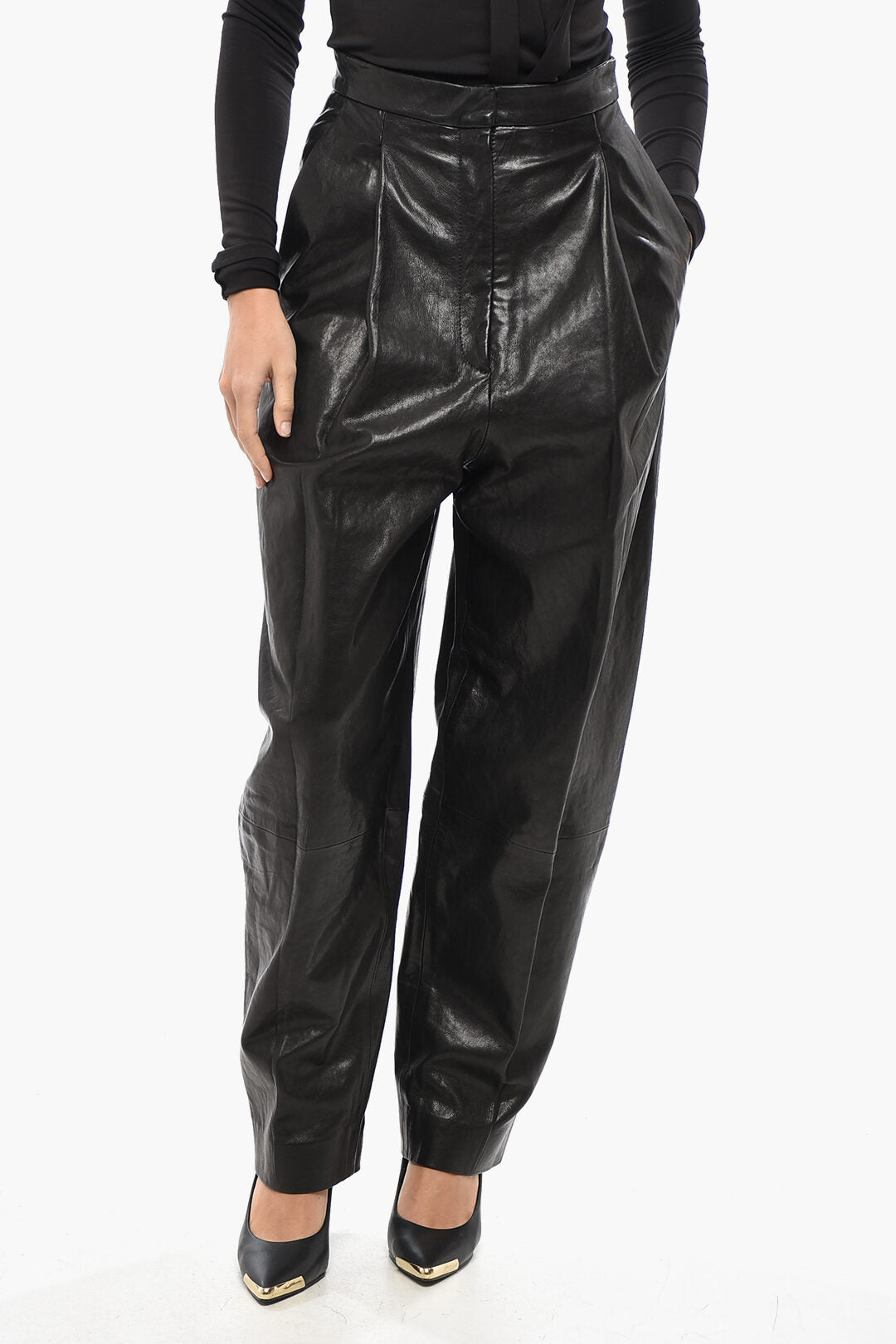 Khaite Balloon-Fit Leather Pants with Front Pleats