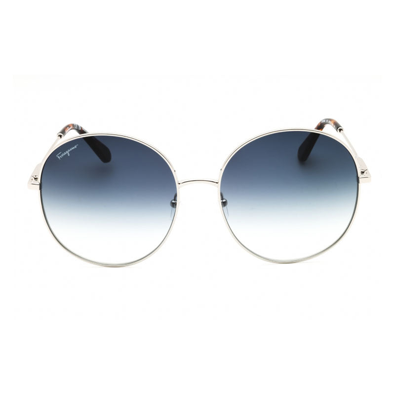 Salvatore Ferragamo Sunglasses Round Full Rim, Shiny Silver Frame and Grey Gradient Lens SF299S041