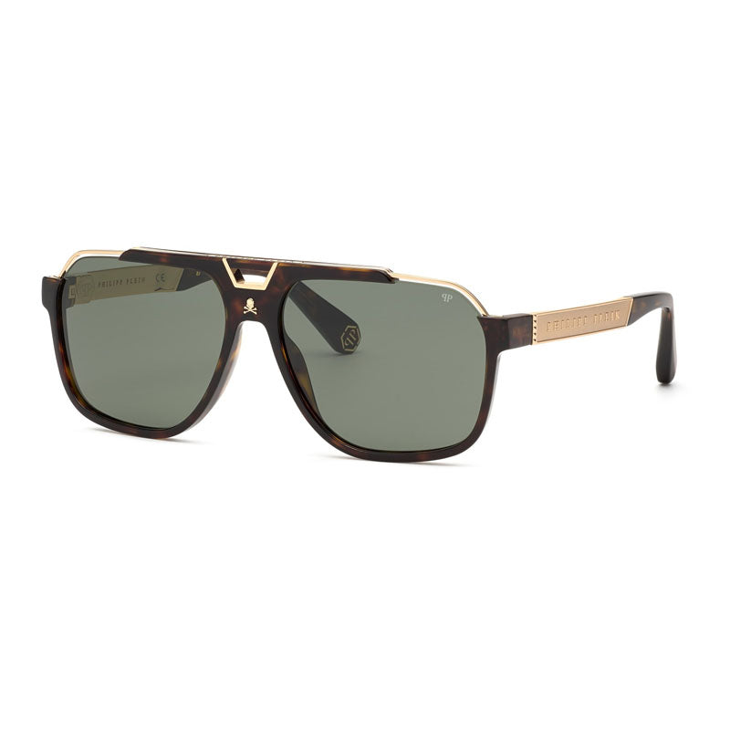 Philipp Plein Sunglasses Aviator Full Rim, Shiny Havana Frame and Green Lens SPP046V0722
