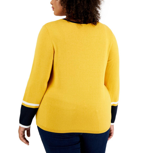 Plus Womens V-Neck Striped Trim Pullover Sweater