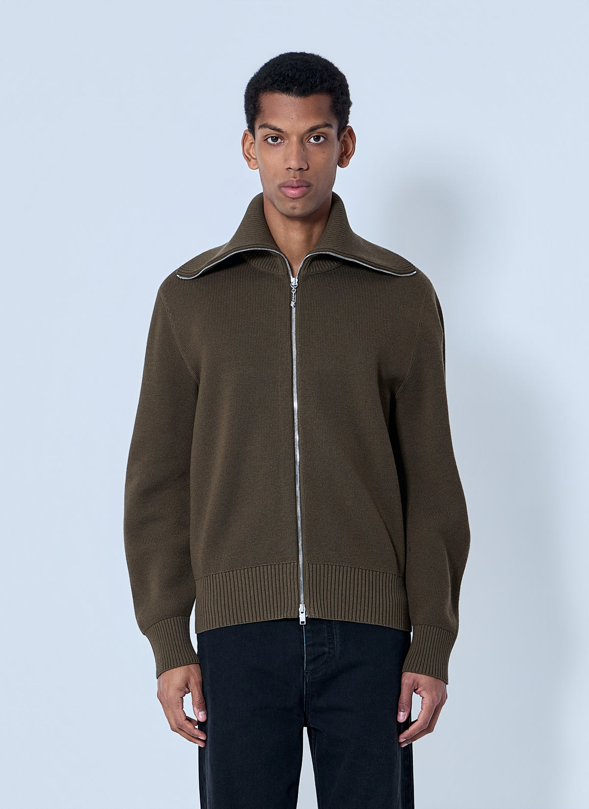Bottega Veneta Men Zip-Front High Collar Cardigan