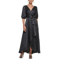 Womens Surplice Satin Maxi Dress Black