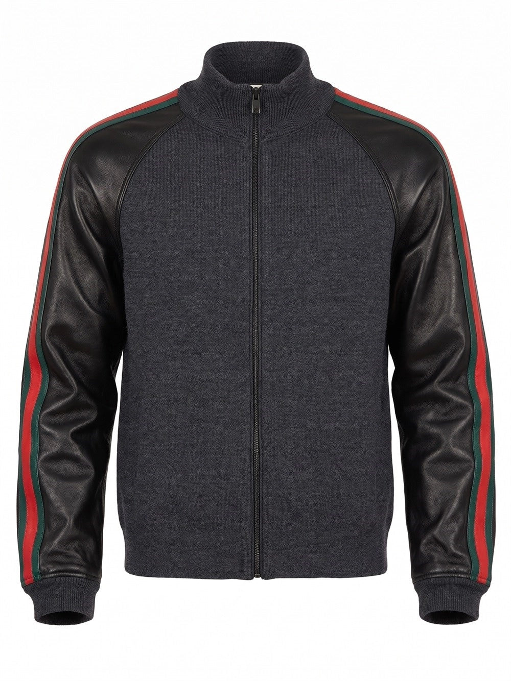 Gucci Men Wool Zip Jacket With Leather Sleeves