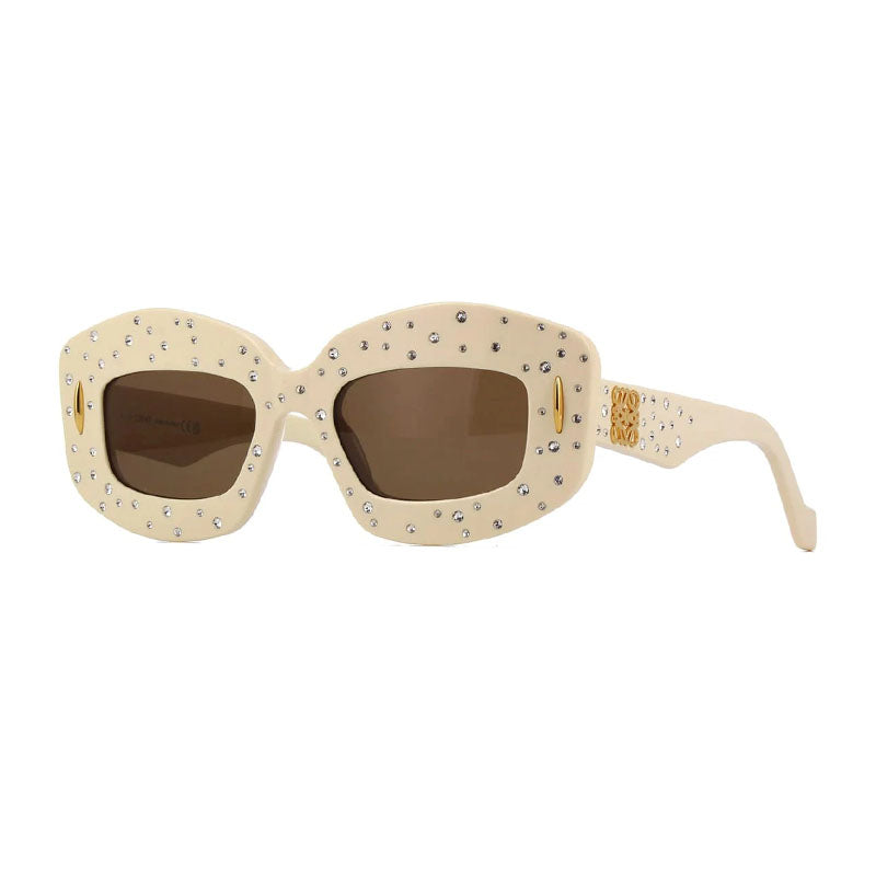 Loewe Sunglasses Rectangle Full Rim, Ivory with Crystal Studs Frame and Brown Lens LW4114IS25E