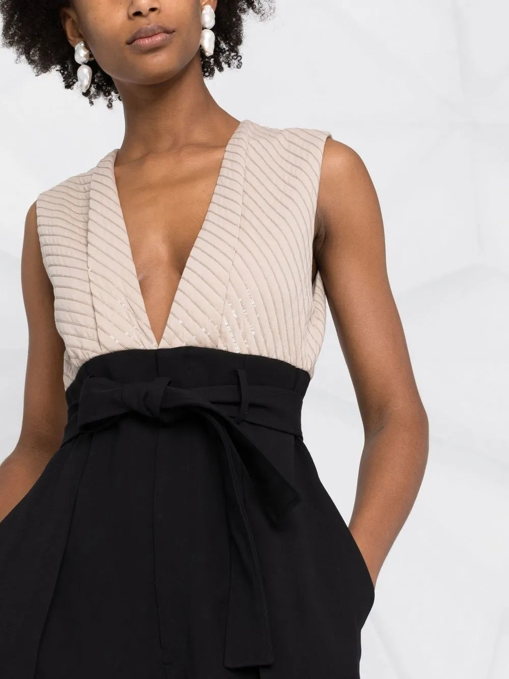 Brunello Cucinelli Two-Tone Sleeveless V-Neck Jumpsuit