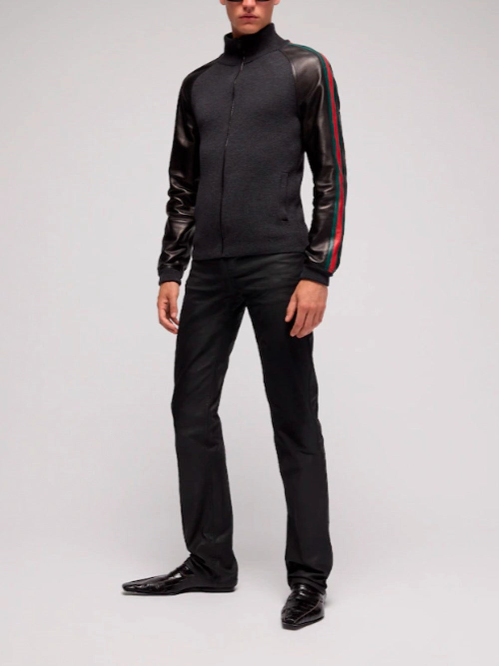 Gucci Men Wool Zip Jacket With Leather Sleeves
