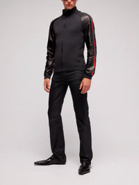 Gucci Men Wool Zip Jacket With Leather Sleeves