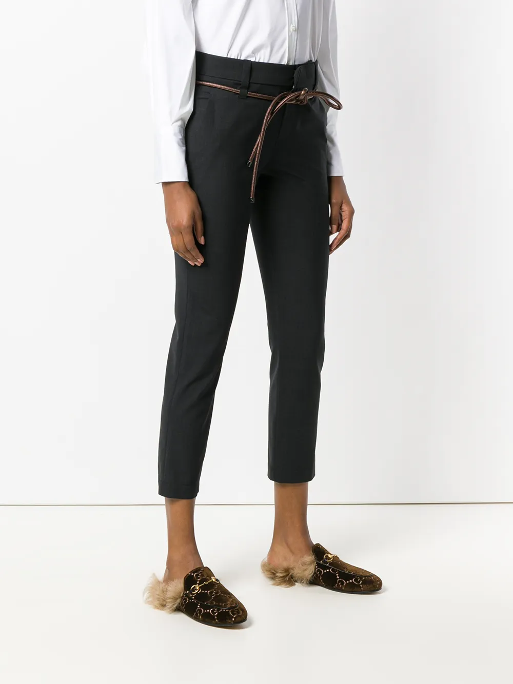 Brunello Cucinelli Smooth Fabric Cropped Tapered Trousers with Drawstring Belt