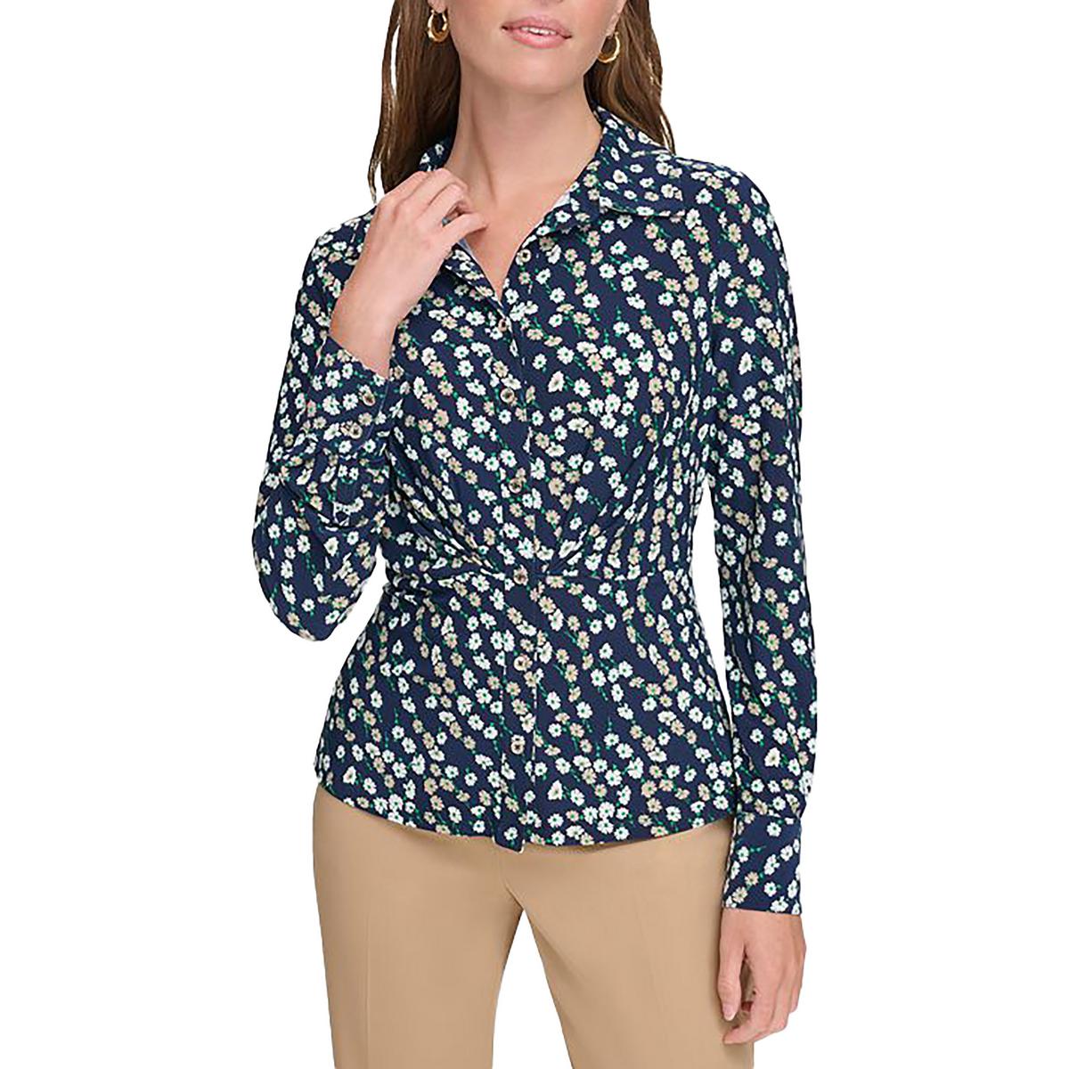 Womens Floral Print Collared Button-Down Top