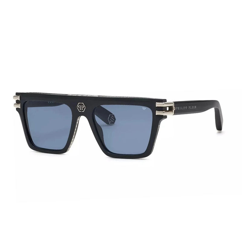 Philipp Plein Sunglasses Square Full Rim, Black Frame and Blue Lens SPP108V0703