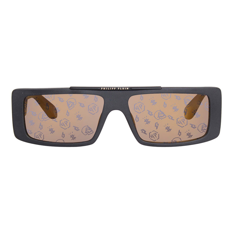 Philipp Plein Sunglasses Rectangle Full Rim, Matt Black Frame and Gold Mirror with Pattern Lens SPP003M703L