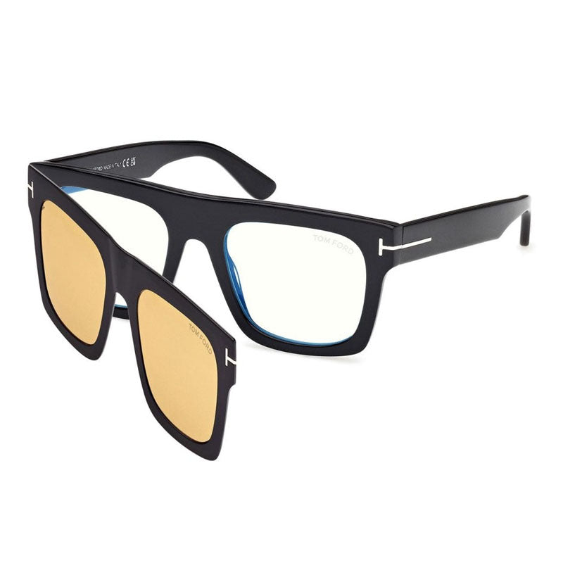 Tom Ford Eyeglasses Square Full Rim, Shiny Black Frame and Clear with Magnetic Clip-On Brown Lens FT6068-B001