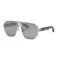 Philipp Plein Sunglasses Aviator Full Rim, Palladium/Grey Havana Frame and Smoke Silver Mirror Lens SPP077V523X