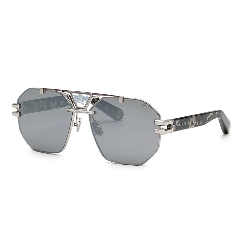 Philipp Plein Sunglasses Aviator Full Rim, Palladium/Grey Havana Frame and Smoke Silver Mirror Lens SPP077V523X